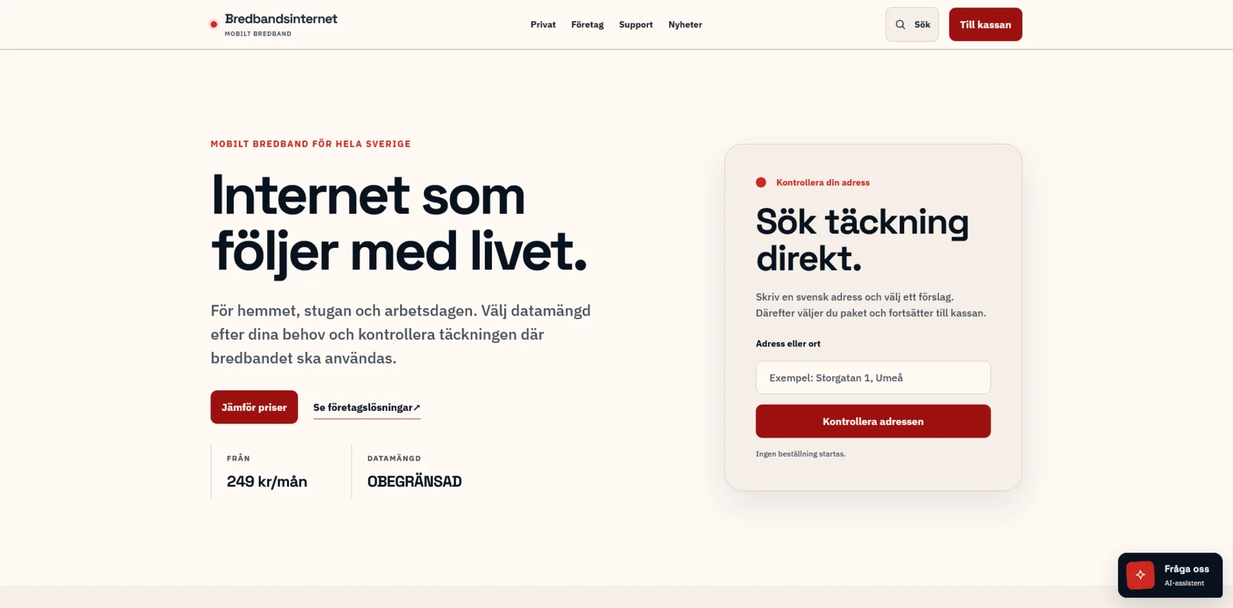 Bredbandsinternet startsida med adressökning